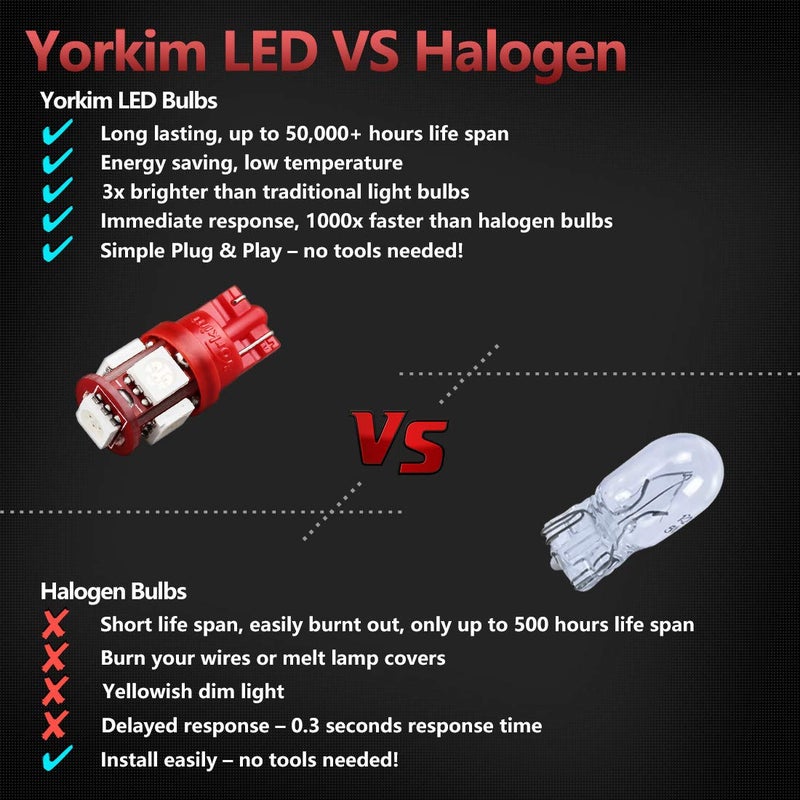 Yorkim مصابيح LED حمراء فائقة السطوع من يوركيم 194 الجيل الخامس الجديد، مصباح LED T10 168 لداخل السيارة، مصابيح سقف، لوحة ترخيص، خريطة، أضواء باب، W5W 2825، عبوة من 10 - Image 5